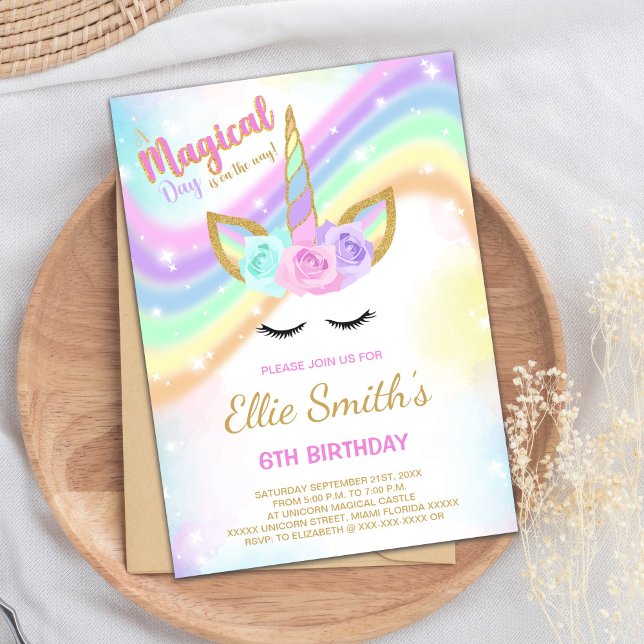 Invitación al cumpleaños de Rainbow Unicorn editab (Rainbow Design Unicorn Birthday Invitations)