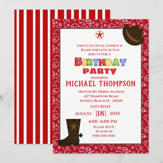 Invitación al cumpleaños de Red Bandana Western Co (Anverso / Reverso)