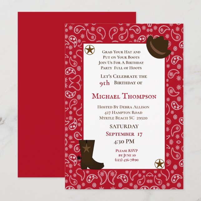 Invitación al cumpleaños de Red Bandana Western Co (Anverso / Reverso)
