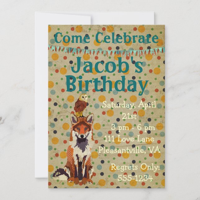 Invitación al cumpleaños de Red Fox y Owl Retro (Anverso)