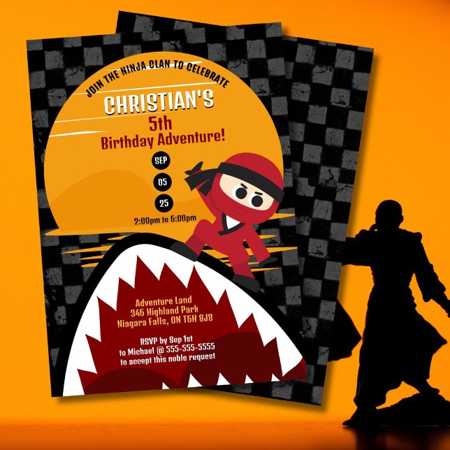 Invitación al cumpleaños de Red Ninja Shark Tamer (Ninjas and sharks are all you need for an adventure filled birthday celebration!)