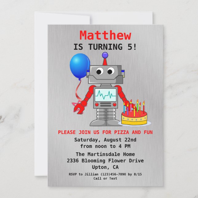 Invitación al cumpleaños de Robot Cute Red, Azul y (Anverso)