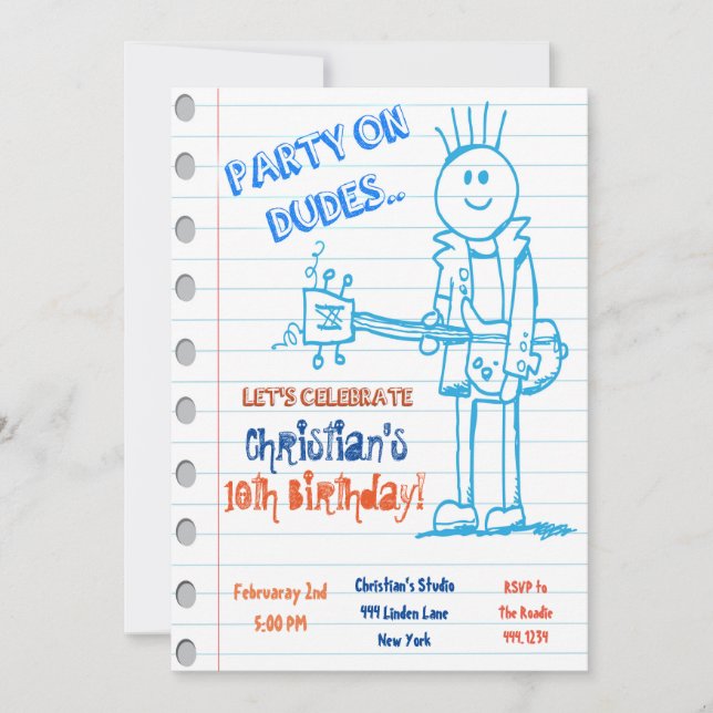 Invitación al cumpleaños de Rock Star Guitar Doodl (Anverso)