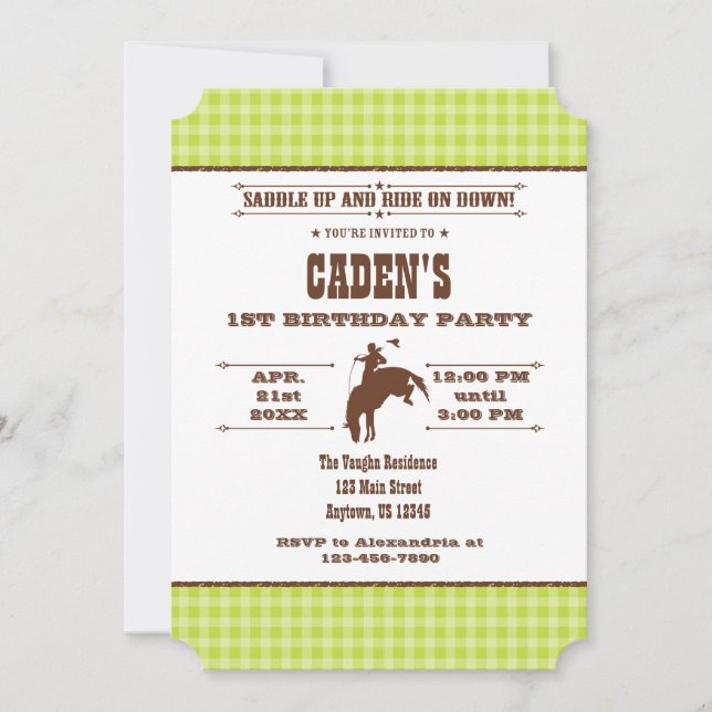 Invitación al cumpleaños de Rodeo de Cowboy Green  (Anverso)