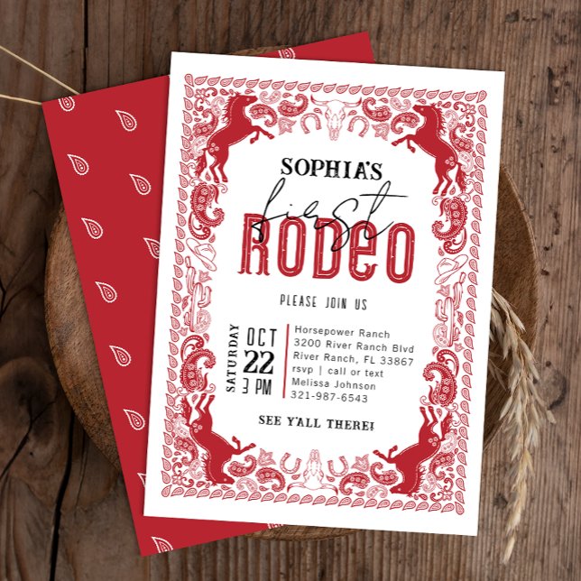 Invitación al cumpleaños de Rodeo Rojo Primero - C (Red Country Western Birthday Invite)