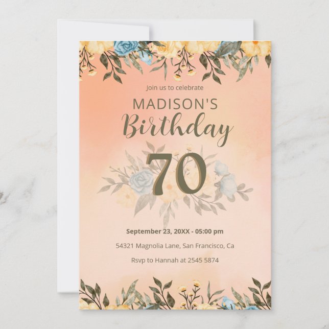 Invitación al cumpleaños de Rosas amarillos y azul (Anverso)