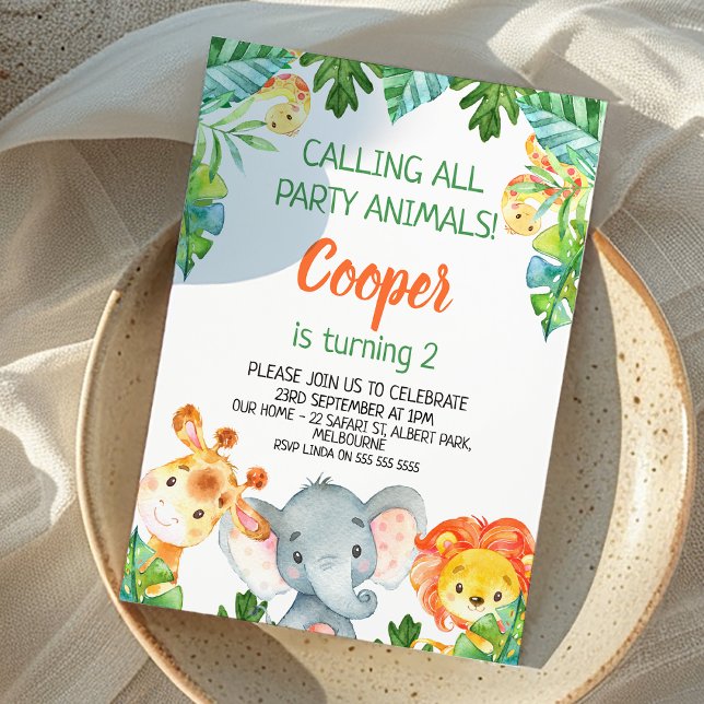 Invitación al cumpleaños de Safari Animal Salvaje  (Safari Themed Birthday Invitation Boy, Wild One, Calling All Party Animals, Cute Jungle Animals )