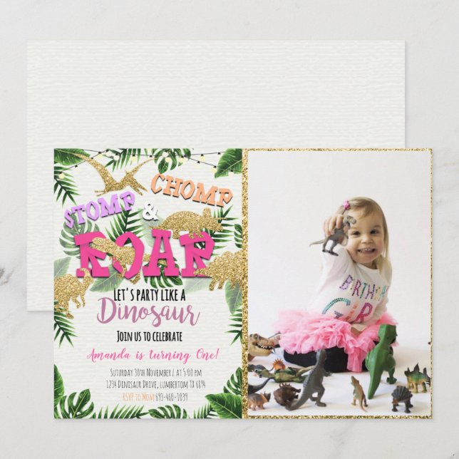 Invitación al cumpleaños de Safari Dinosaur con fo (Anverso / Reverso)