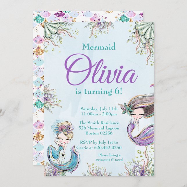 Invitación al cumpleaños de Sirena (Anverso / Reverso)