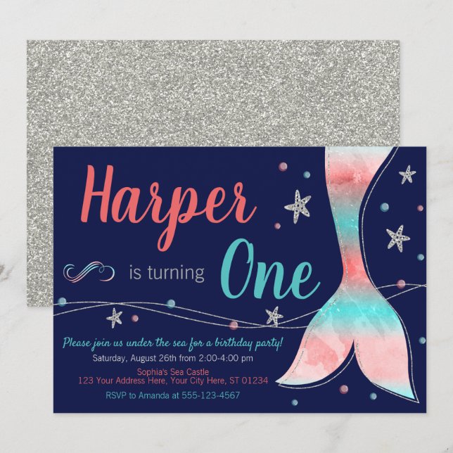 Invitación al cumpleaños de Sirena | Bajo el mar (Anverso / Reverso)