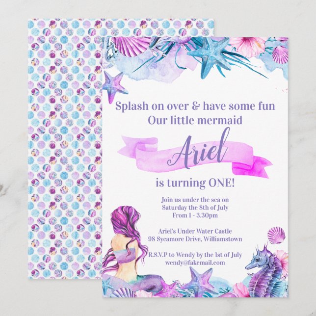 Invitación al cumpleaños de sirena morada, azul y  (Anverso / Reverso)