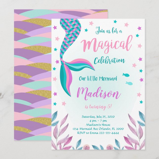 Invitación al cumpleaños de sirena verde y rosa (Anverso / Reverso)