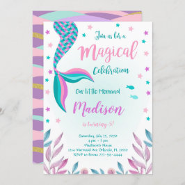 Invitación al cumpleaños de sirena verde y rosa