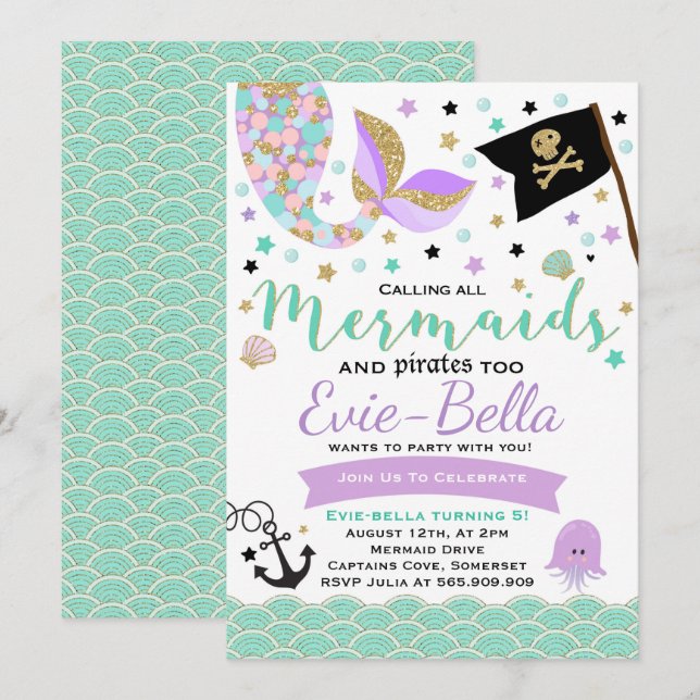 Invitación Al Cumpleaños De Sirena Y Pirata (Anverso / Reverso)