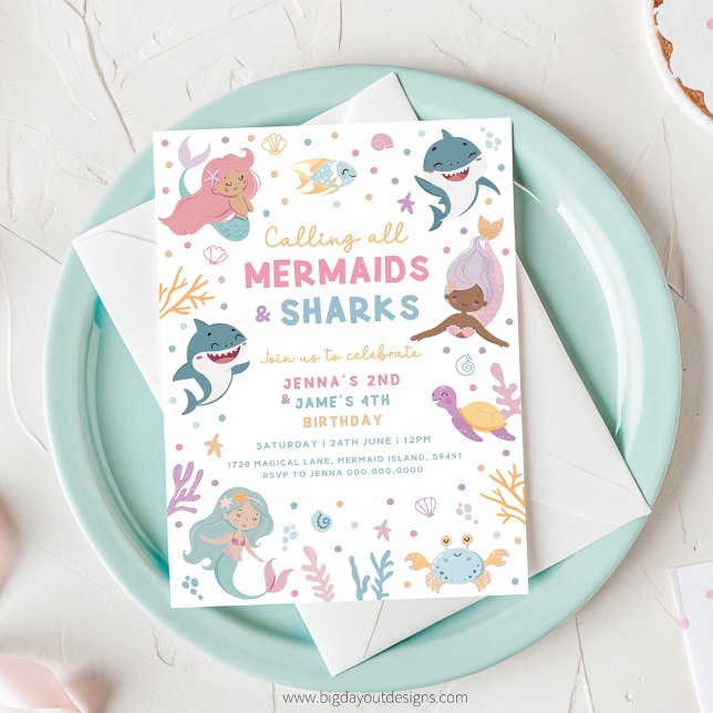 Invitación al cumpleaños de sirena y tiburón (Mermaid and Shark Birthday Invitation)