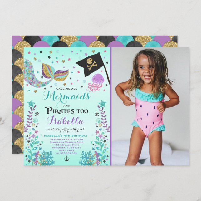 Invitación Al Cumpleaños De Sirenas Y Piratas (Anverso / Reverso)