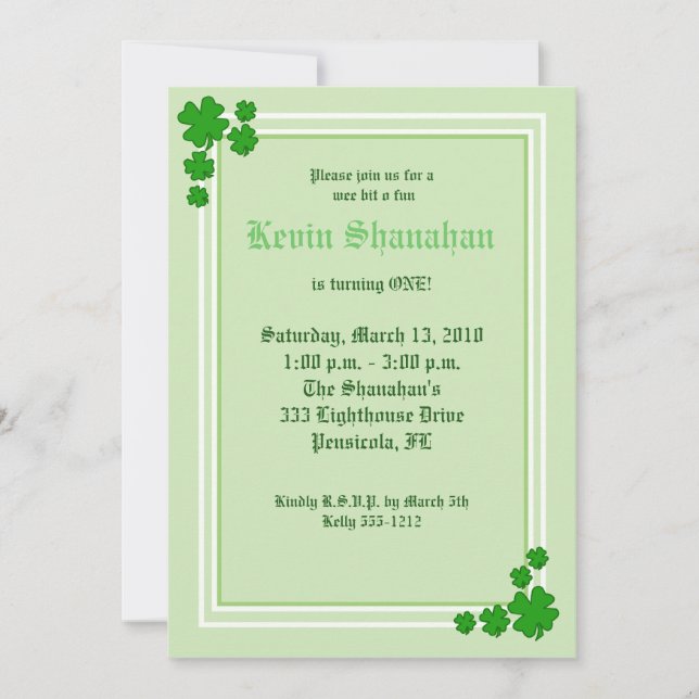 Invitación al cumpleaños de St. Patrick's Day Sham (Anverso)