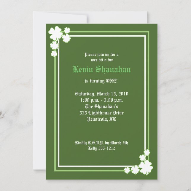 Invitación al cumpleaños de St. Patrick's Day Sham (Anverso)