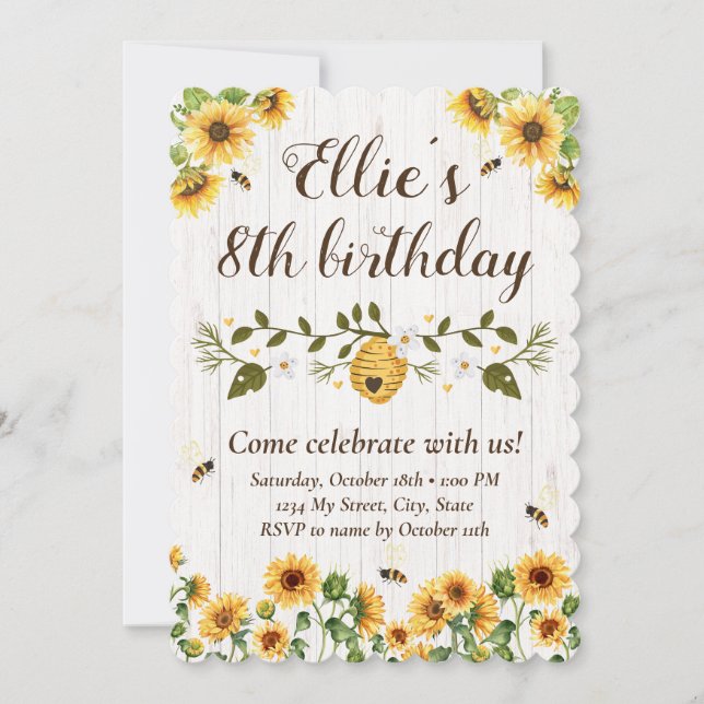 Invitación al cumpleaños de Sunflower y Bee (Anverso)