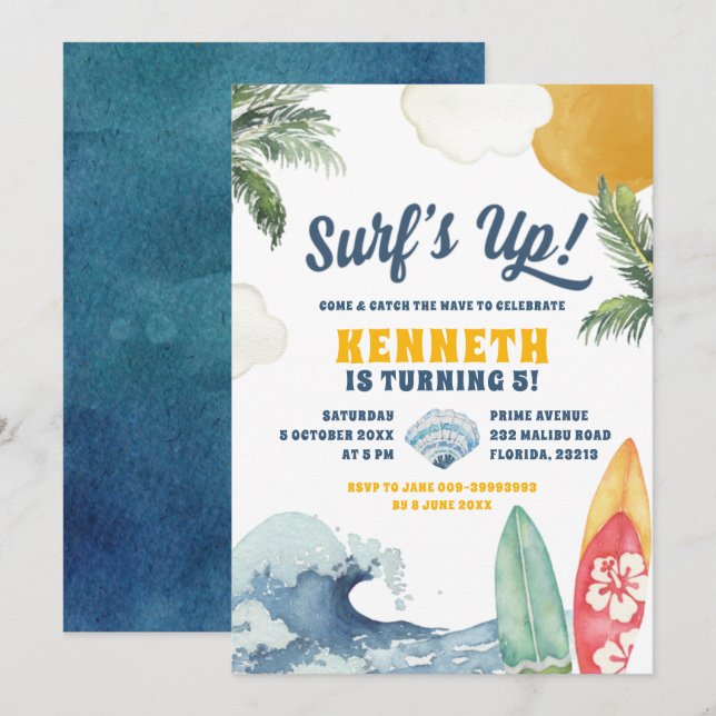 Invitación al cumpleaños de Surf Beach Summer (Anverso / Reverso)