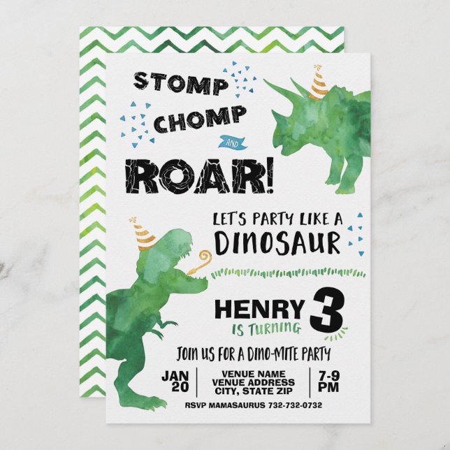 Invitación al cumpleaños de T Rex y Triceratops Di (Anverso / Reverso)