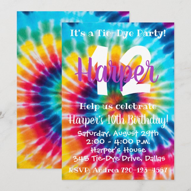 Invitación al cumpleaños de Tie Dye Invitación al  (Anverso / Reverso)