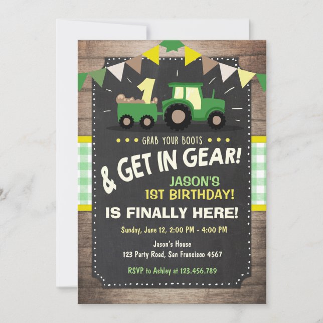 Invitación al cumpleaños de Tractor fiesta Granja  (Anverso)