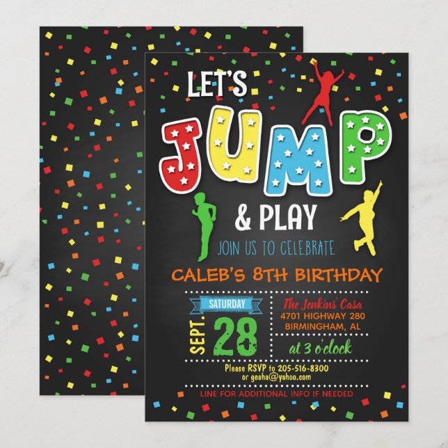 Invitación al cumpleaños de Trampoline - niño (Anverso / Reverso)