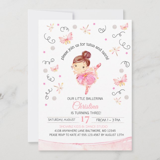 Invitación al cumpleaños de Tutu y Twirls Ballerin (Anverso)