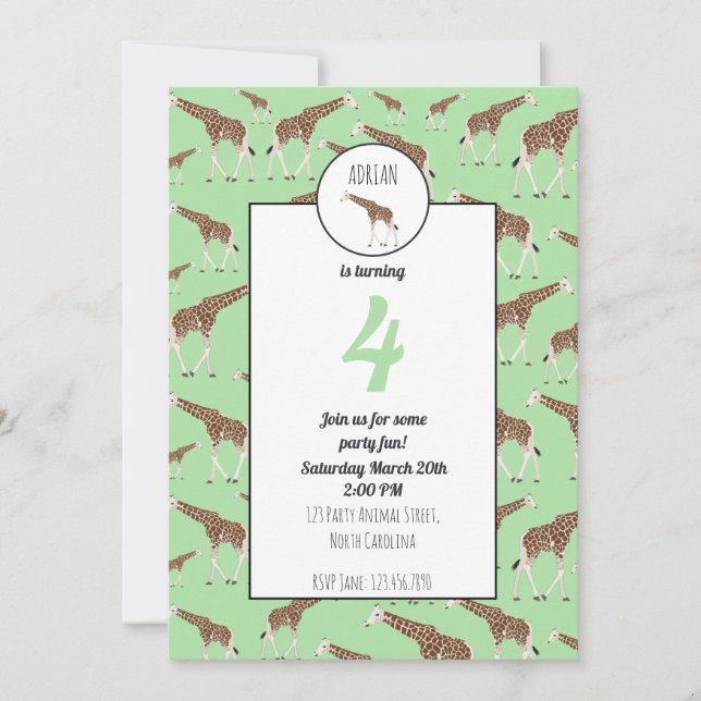 Invitación al cumpleaños de un animal de Giraffe J (Anverso)