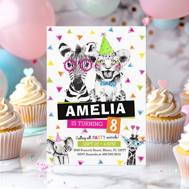 Invitación al cumpleaños de un animal fiesta, Safa (Party Animal Birthday Invitation)