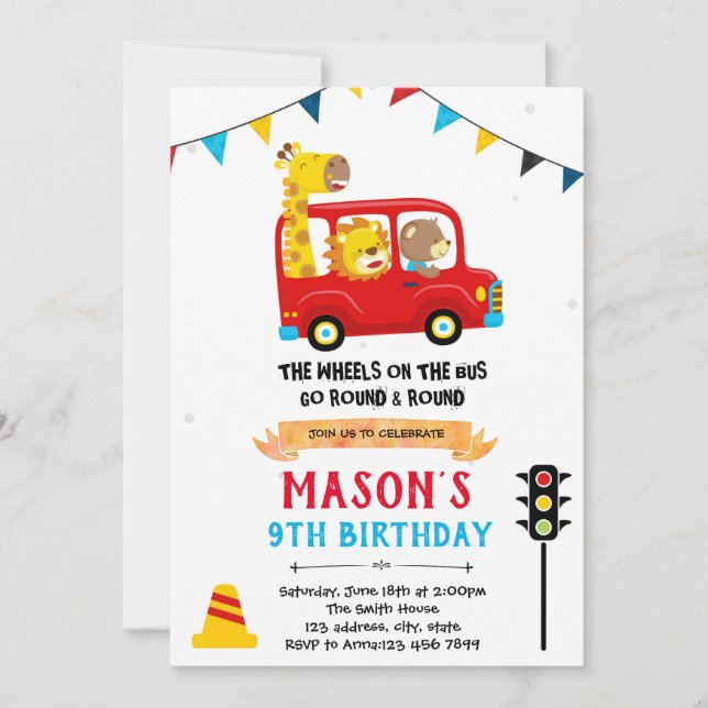 Invitación al cumpleaños de un autobús animal (Anverso)