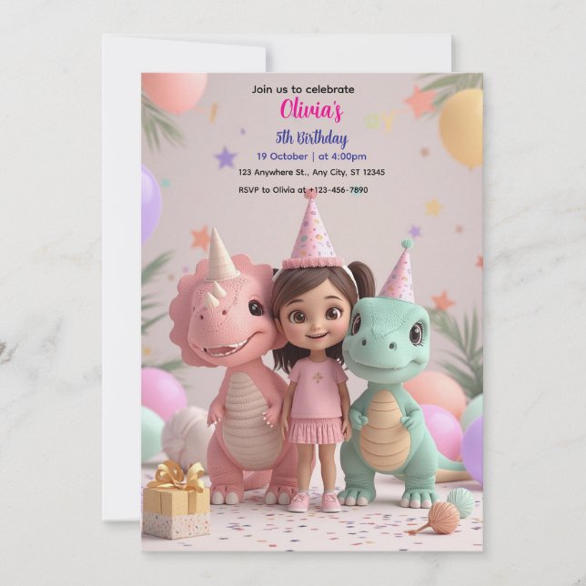Invitación al cumpleaños de un Chica lindo Dinosau (Anverso)