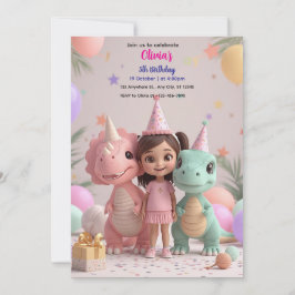 Invitación al cumpleaños de un Chica lindo Dinosau