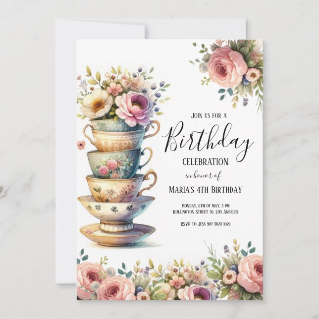 Invitación al cumpleaños de un Fiesta de té acuare (Anverso)