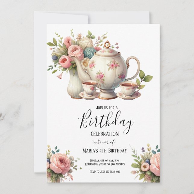 Invitación al cumpleaños de un Fiesta de té acuare (Anverso)