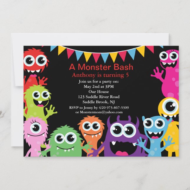 Invitación al cumpleaños de un monstruo bash para  (Anverso)