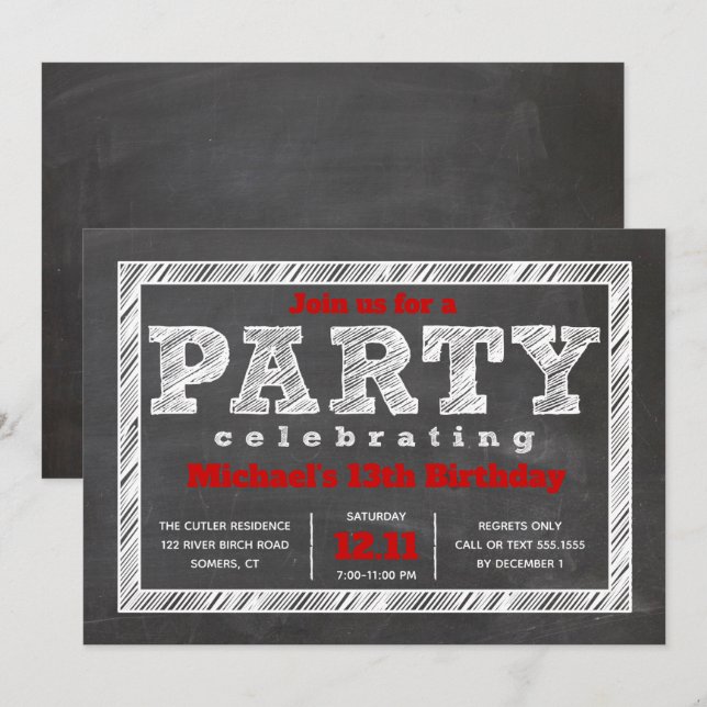 Invitación al cumpleaños de un niño adolescente, p (Anverso / Reverso)