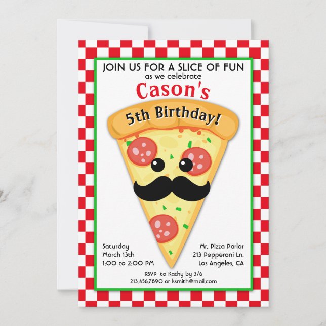 Invitación al cumpleaños de un niño Fiesta de pizz (Anverso)