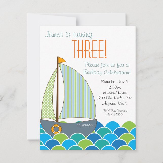 Invitación al cumpleaños de un velero - niño (Anverso)