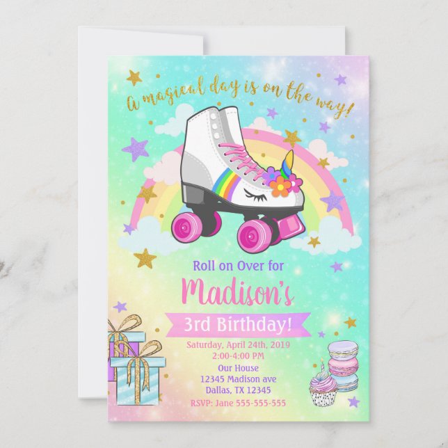 Invitación al cumpleaños de Unicorn Roller Skate (Anverso)