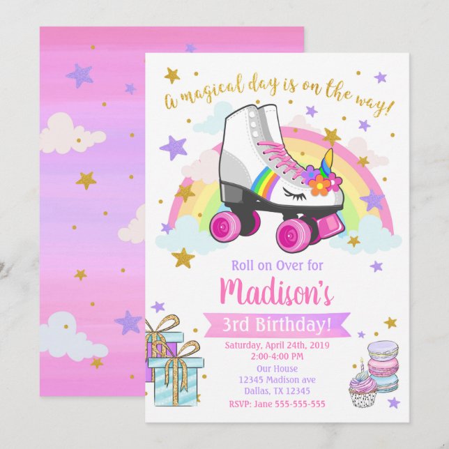 Invitación al cumpleaños de Unicorn Roller Skate (Anverso / Reverso)