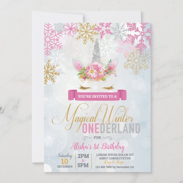 Invitación al cumpleaños de Unicorn Winter Wonderl (Anverso)