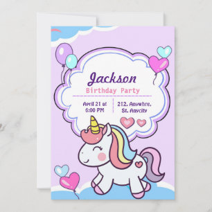 Invitación al cumpleaños de Unicornio con color pú