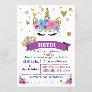 Invitación al cumpleaños de Unicornio español