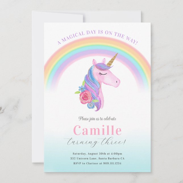 Invitación al cumpleaños de Unicornio y Arcoiris m (Anverso)