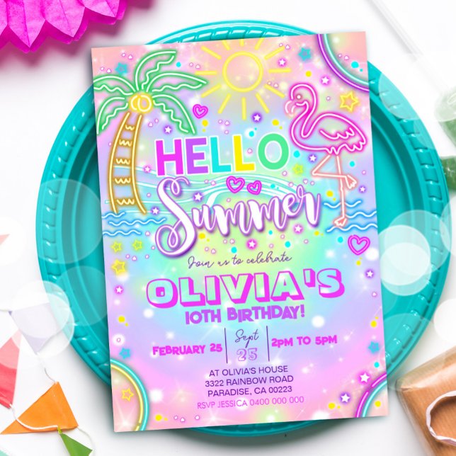 Invitación al cumpleaños de verano Hola Fiesta de  (Neon Hello Summer Party Invitation)