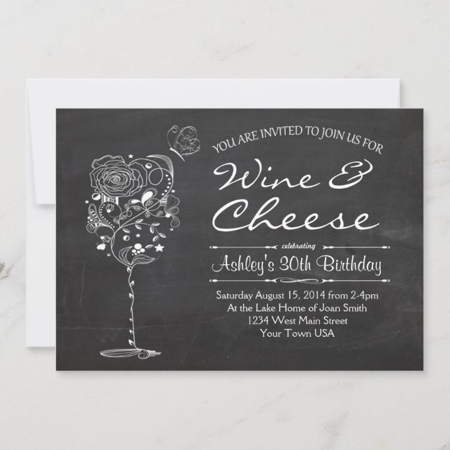 Invitación al cumpleaños de vino y queso (Anverso)