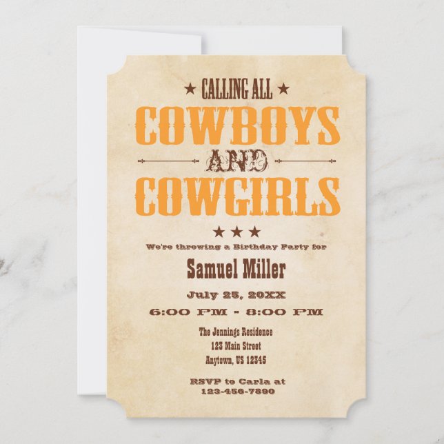 Invitación al cumpleaños de Vintage Cowboy Naranja (Anverso)
