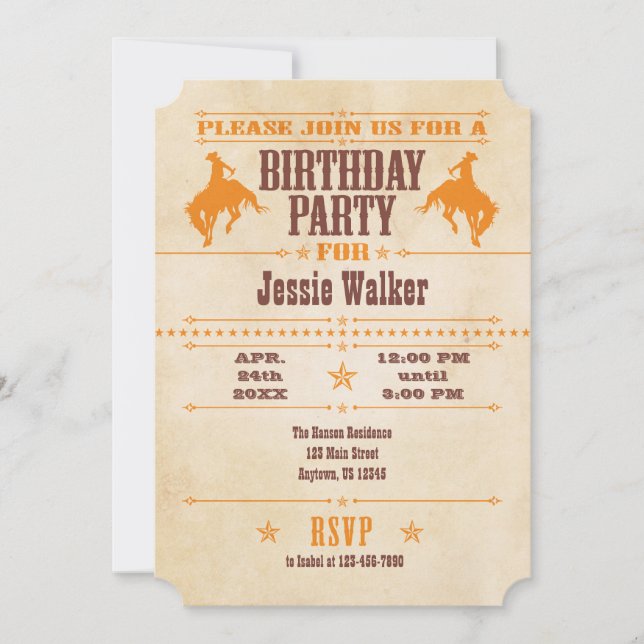 Invitación al cumpleaños de Vintage Cowboy naranja (Anverso)